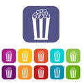 Popcorn in striped bucket icons set Royalty Free Stock Photo