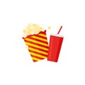 Popcorn striped bucket and soda with straw. Cinema icon set.