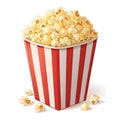 Popcorn in a striped container on a white background.