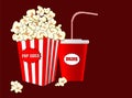 Popcorn in striped paper box, soda drink takeaway set. Cinema design in flat style, Vector illustration. Royalty Free Stock Photo