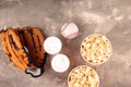 Popcorn on the table with draft beer. Baseball party food with balls for the playoffs