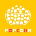 Popcorn text. Big white glass box. Cinema movie night line icon. Pop corn food. Flat design style. Yellow background. Isolated Royalty Free Stock Photo