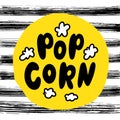 Popcorn text label. Black and white. Vector illustration.