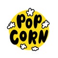 Popcorn text label. Black and white. Vector illustration.