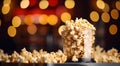 Popcorn Texture with Blurred Cinema Lights in the Background. Generative ai