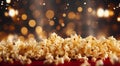 Popcorn Texture with Blurred Cinema Lights in the Background. Generative ai