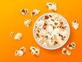 Popcorn top view. Realistic snacks in paper bucket, cup corn souffles on bright color background, salted and caramel