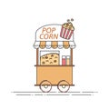 Popcorn truck. Cart on wheels. Food and drink kiosk . Vector illustration. Flat line art. Royalty Free Stock Photo