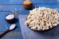 Popcorn, unpopped kernels and sea salt Royalty Free Stock Photo