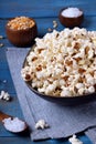 Popcorn, unpopped kernels and sea salt Royalty Free Stock Photo