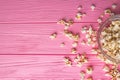 Popcorn viewed from above on a pink background. Royalty Free Stock Photo