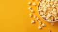 Popcorn viewed from above on yellow background. Flat lay of pop corn bow Royalty Free Stock Photo