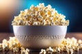 Popcorn in white dish on table.