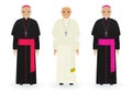 Pope, cardinal and bishop in characteristic clothes isolated on white background. Catholic priests. Religion people.