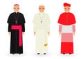 Pope, cardinal and bishop characters in characteristic clothes standing together. Supreme catholic priests in cassocks.