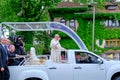 Pope Francis waving to the people in Bucharest from his popemobile, after leaving People Salvation Cathedral, during 2019 visit Royalty Free Stock Photo