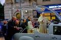 Pope Francis waving to the people on Romania from his popemobile, late afternoon with heavy rain. Royalty Free Stock Photo