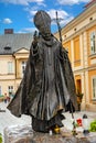 Pope John Paul II statue in front of papal basilica at Market square in Wadowice, Poland