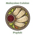 Popiah. A thin paperlike crepe or pancake wrapper stuffed with a filling made of cooked vegetables and meats. Malaysian Cuisine