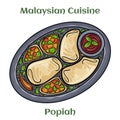 Popiah. A thin paperlike crepe or pancake wrapper stuffed with a filling made of cooked vegetables and meats. Malaysian Cuisine