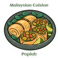 Popiah. A thin paperlike crepe or pancake wrapper stuffed with a filling made of cooked vegetables and meats. Malaysian Cuisine