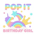 Popit birthday girl sublimation in fidget toy style. Pop it t-shirt design as a trendy silicone toy for fidget in pink