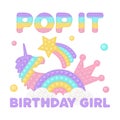 Popit birthday girl sublimation in fidget toy style. Pop it t-shirt design as a trendy silicone toy for fidget in purple Royalty Free Stock Photo