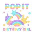 Popit birthday girl sublimation in fidget toy style. Pop it t-shirt design as a trendy silicone toy for fidget - rainbow Royalty Free Stock Photo