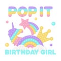 Popit birthday girl sublimation in fidget toy style. Pop it t-shirt design as a trendy silicone toy for fidget in blue