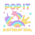 Popit birthday girl sublimation in fidget toy style. Pop it t-shirt design as a trendy silicone toy for fidget in yellow Royalty Free Stock Photo