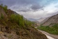 Poplar trees and small running river small lying in a rocky valley underlying blue cloudy sky