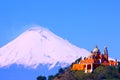 Popocatepetl volcano and church in cholula, puebla, mexico II Royalty Free Stock Photo