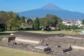 Popocatepetl volcano and ruins of Great Pyramid of Cholula, , Mexico. View from Church of Virgin of the remedies in Cholula