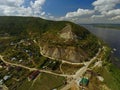 Popova Gora in the village of Shiryaevo on the banks of the Volga River from a bird`s eye view. Royalty Free Stock Photo