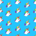 Seamless pattern with cartoon funny fairy unicorn with rainbow haircut on blue background Royalty Free Stock Photo