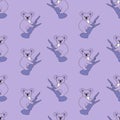Seamless pattern with cartoon funny koala on branch on purple background