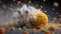 Popped popcorn and corn kernels float in dynamic motion against a dark studio background with dramatic lighting Royalty Free Stock Photo