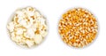 Popped and unpopped popcorn, a popular snack in white bowls Royalty Free Stock Photo