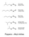 Poppers, alkyl nitrites, recreational drugs, chemical structures