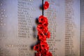 Poppies lodged into wall against names of fallen WW! soldiers. Royalty Free Stock Photo