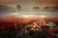 Poppies in marsh landscape against surreal misty dull background with single trees, made with generative ai