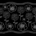 Poppies and Roses Line Illustration On Black Background. Seamless Repeat Pattern-Monochromatic Flowers