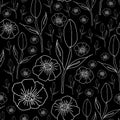 Poppies and Tulips on Black Background-Monochromatic Flowers seamles repeat patternBackground in Black and white