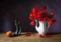 Poppies in a vase, books and apple