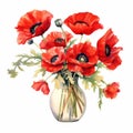 Watercolor Red Poppy Flowers Vase With Clear Colors