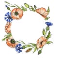 Poppies wreath in ink and watercolor. Wildflowers chaplet on white. Hand-drawn illustration. For invitation, card