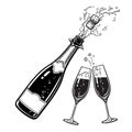 Popping bottle of champagne with cork flying out and pair of clinking glasses. Vector illustration Royalty Free Stock Photo