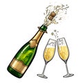 Popping bottle of champagne with cork flying out and pair of clinking glasses. Vector illustration Royalty Free Stock Photo