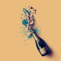 Popping champagne bottle. Champagne explosion. New year celebration. Happy new year poster