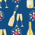 Popping Champagne bottle vector seamless pattern background. Fizzy bubbles, champagne flutes, glasses gold blue backdrop Royalty Free Stock Photo